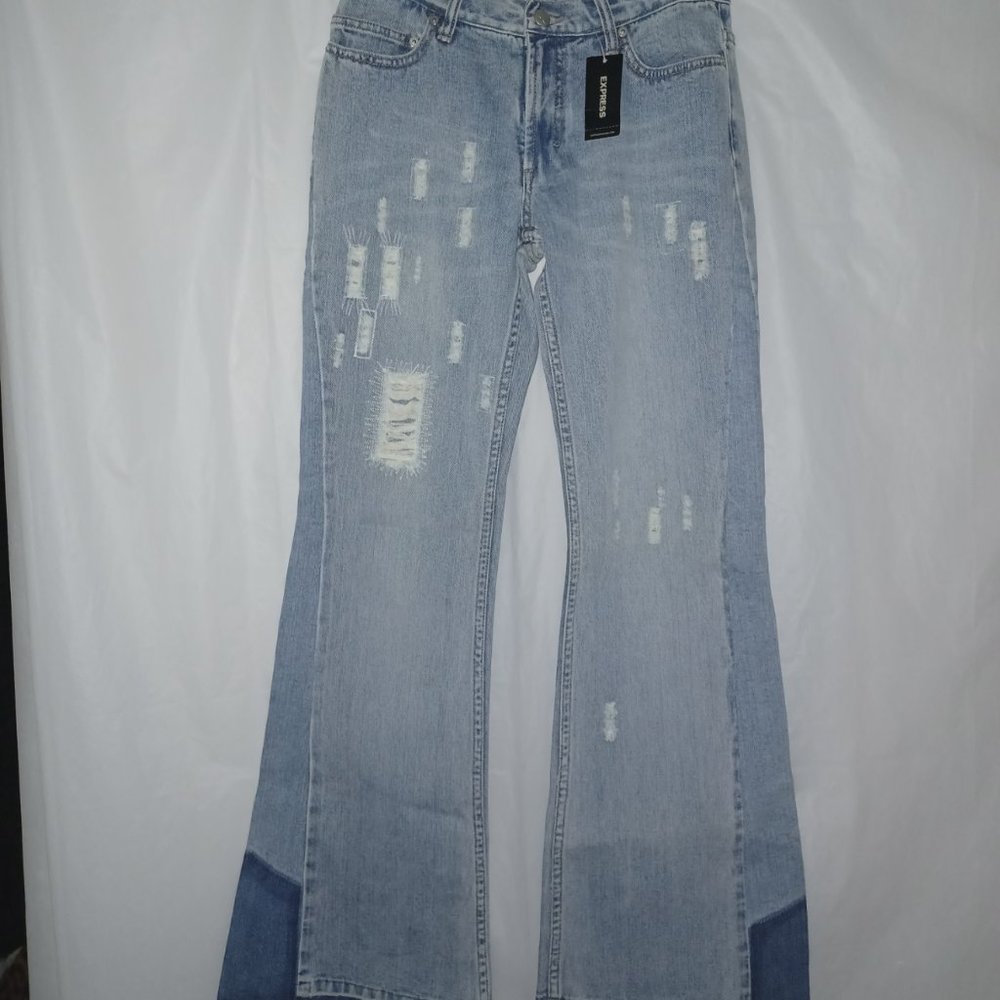 EXPRESS WOMEN'S RETRO LOOK DISTRESSED COLOR BLOCK RAW HEM FLARE LEG JEANS